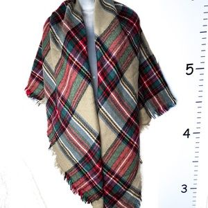 V. Fraas Tan Christmas Plaid Shawl w/Frills